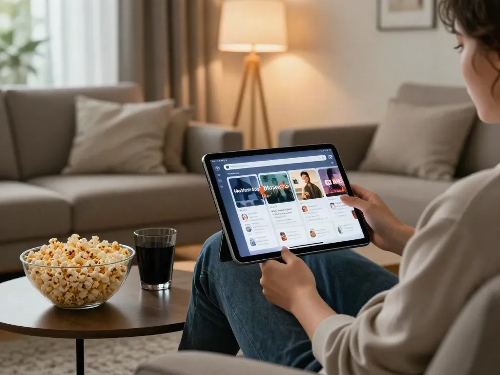 Person enjoying MoviesBox app on a tablet in a cozy living room.